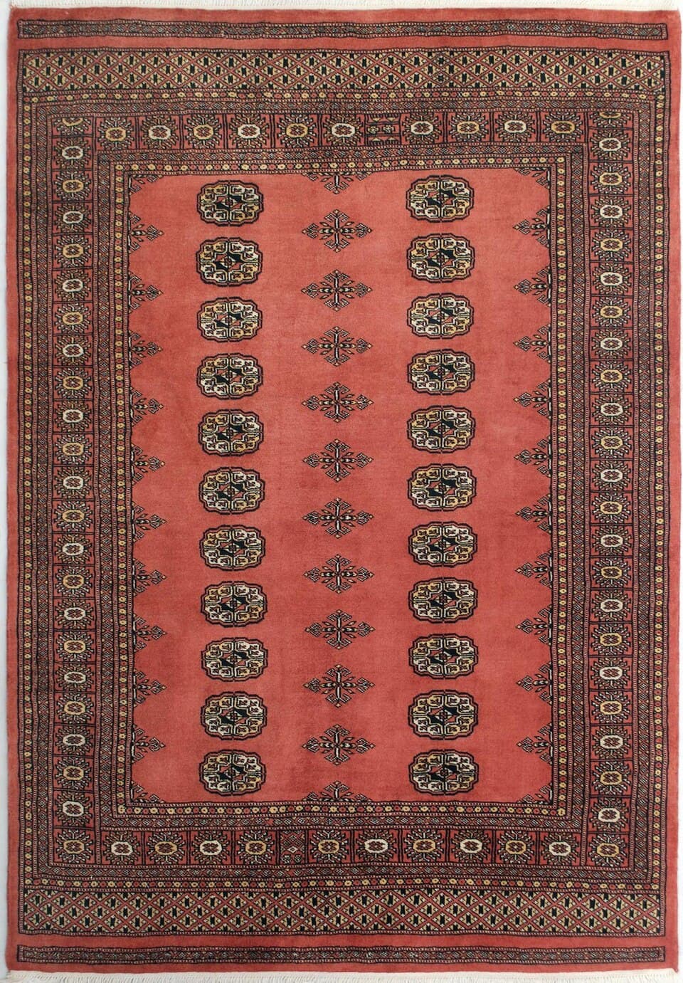 Rows of güls across a Bukhara-design rug.